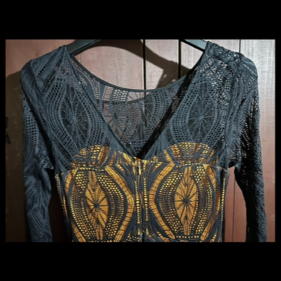 Eva Franco Embroidered Laced Long Sleeve Fit & Flare Dress Black/Orange Size 6 - Picture 8 of 10